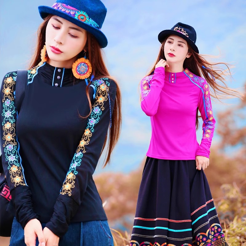 两人故事民族风刺绣长袖中国风个性文艺复古修身T恤绣花秋TX1002