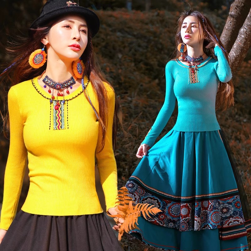 两人故事民族风女刺绣花长袖修身显瘦弹力打底衫上衣T恤秋TX1014