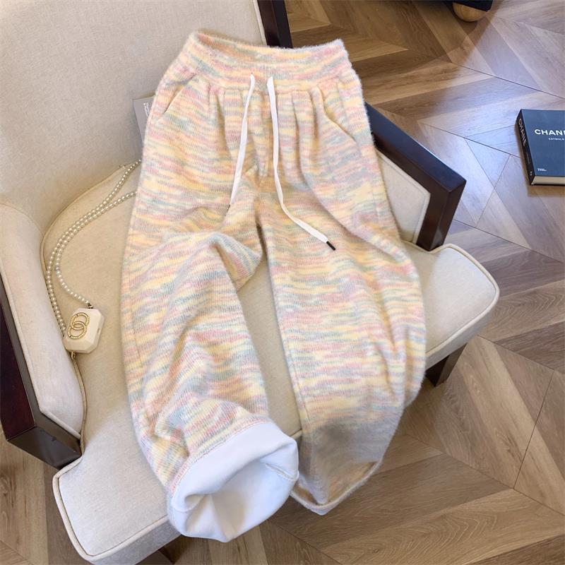 彩虹条纹加绒糯米裤女秋冬新款高腰垂感阔腿裤多巴胺穿搭针织裤子