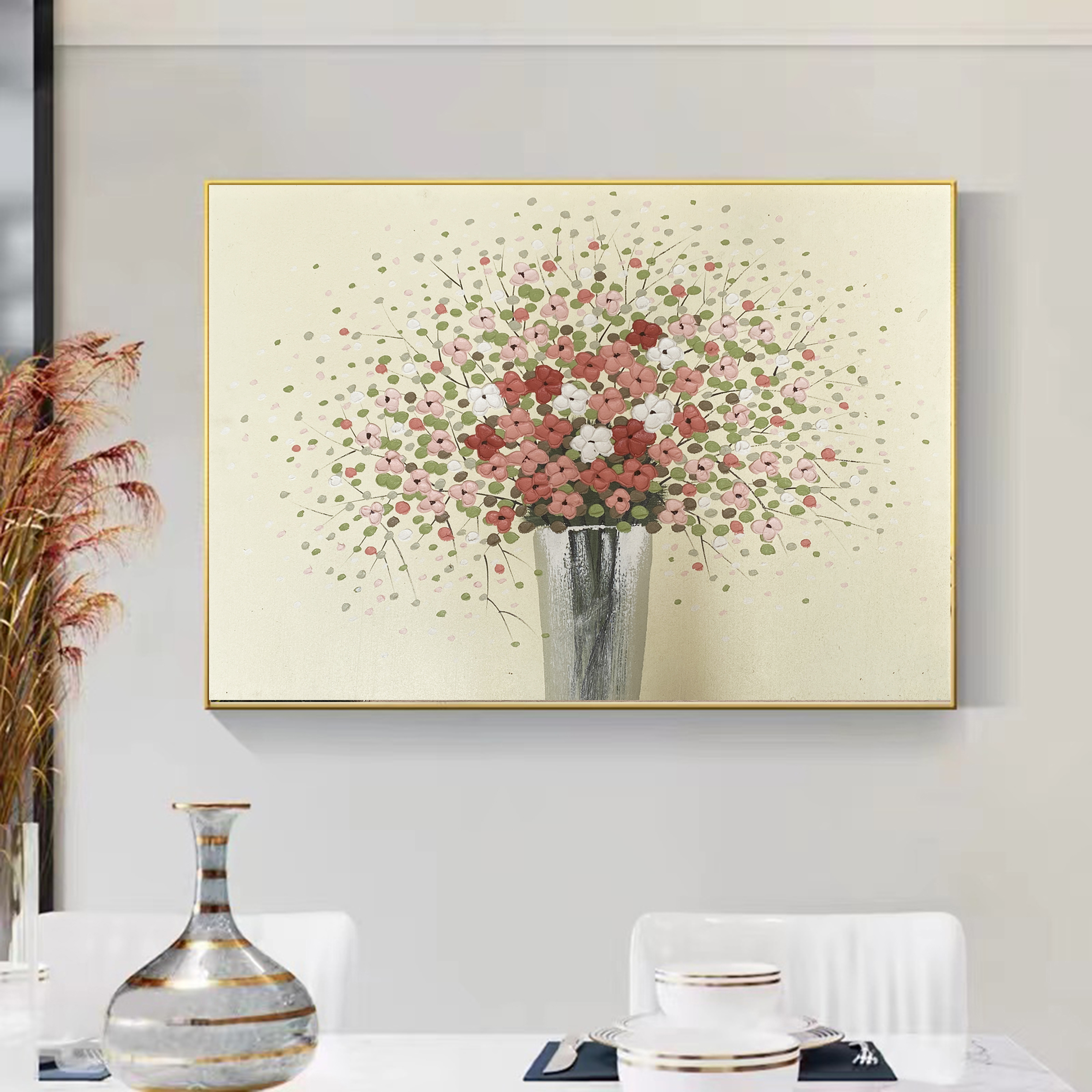 616-26《繁花》现代简约奶油风纯手绘手工油画玄关餐厅卧室背景挂画