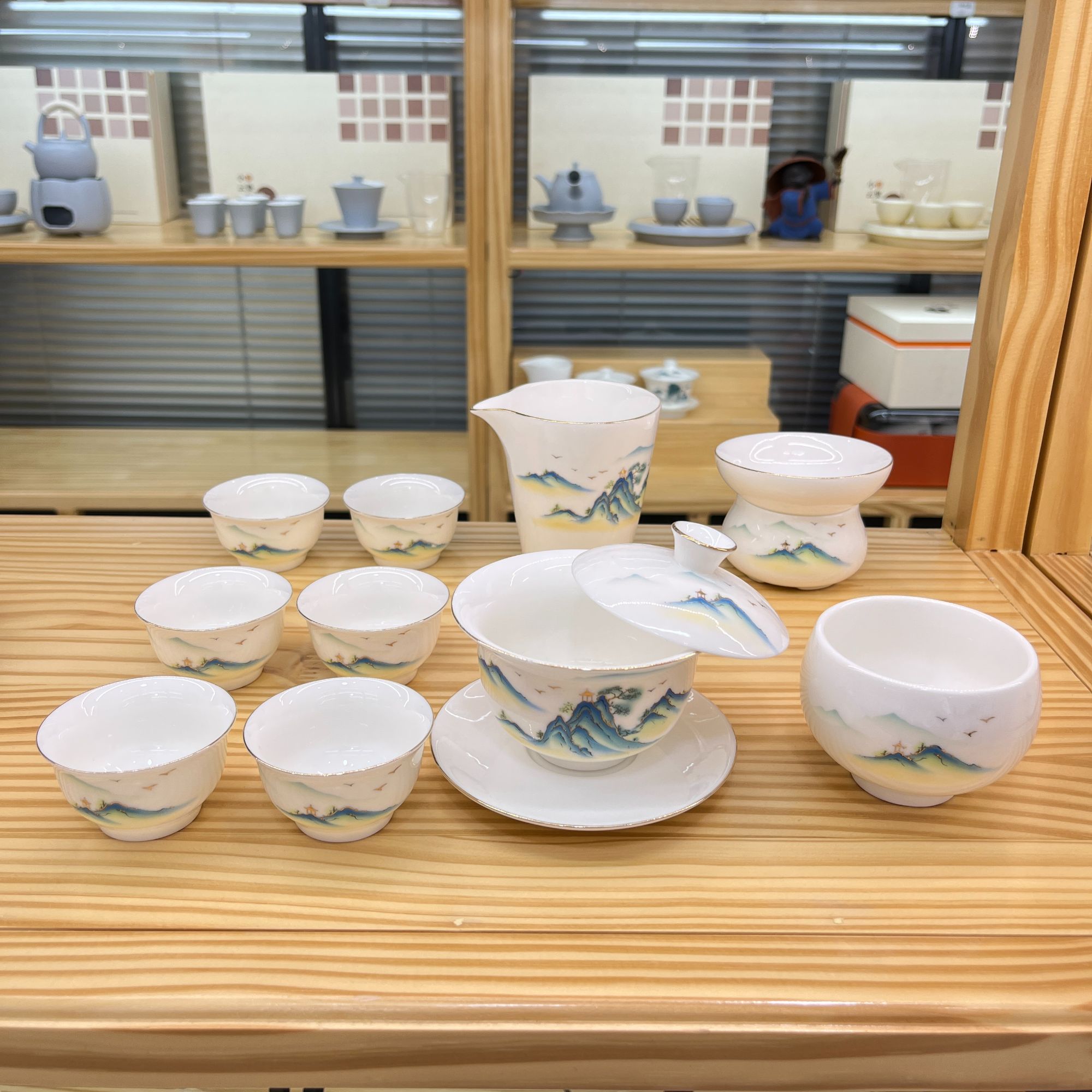 描金宽口杯千里江山11件（悬停）  白瓷功夫茶具套装 安全泡沫包装