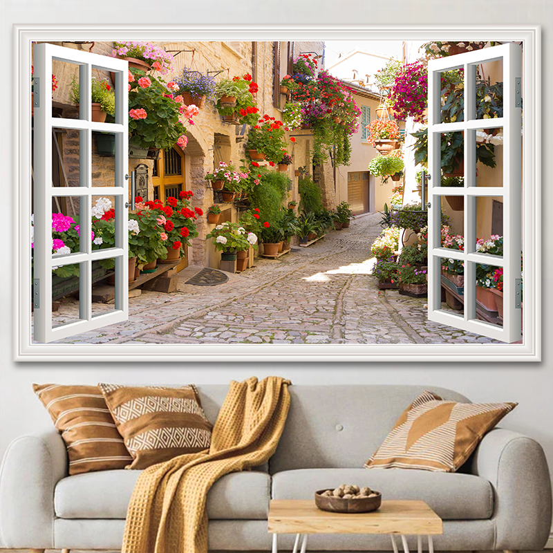 假窗户自粘3d立体墙壁贴画客厅装饰画卧室风景大自然防水墙贴墙纸