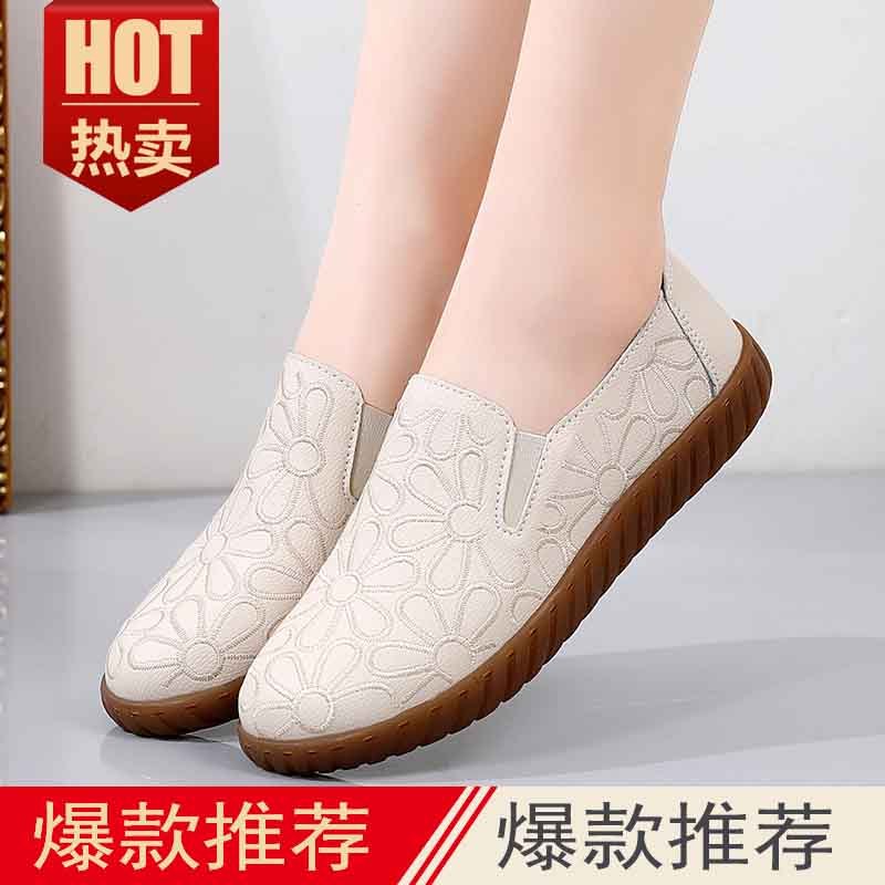 新款绣花夏季真皮浅口女单鞋春季中老年休闲春秋秋季平底妈妈鞋女