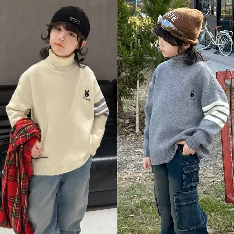 加绒加厚男女童高领一体绒毛衣2024休闲男孩打底衫中大童套头针织