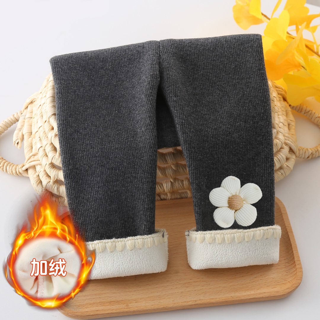 女童加绒打底裤秋冬款一体绒外穿洋气云朵棉儿童2024新款大花裤子