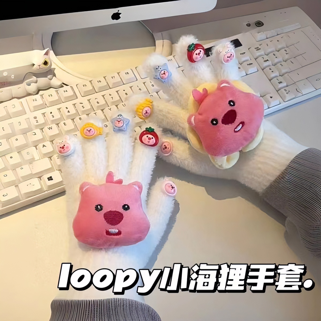 loopy小海狸手套新款可爱冬季骑行立体软萌保暖五指学生防寒手套