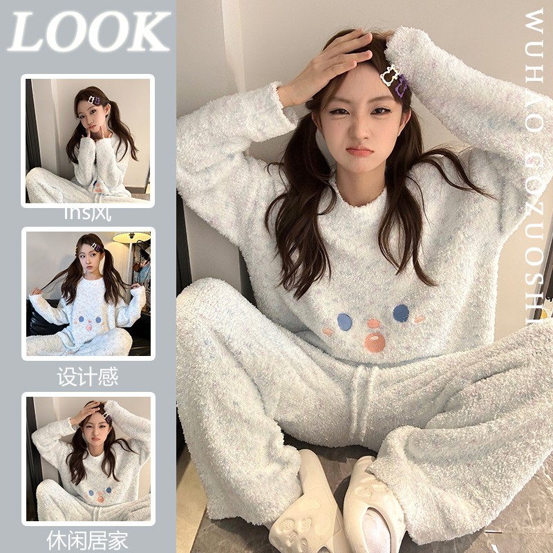 半边绒睡衣女秋冬季2023新款网红风加厚保暖珊瑚绒家居服套装冬天