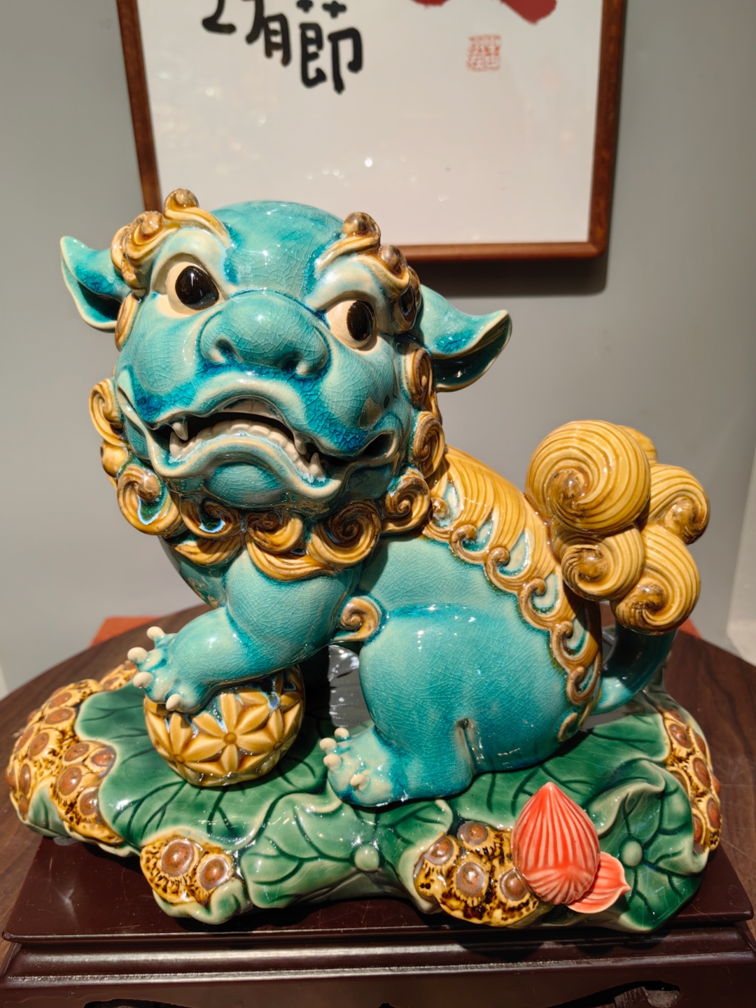 狮子玻璃绿釉 25×12×23 手工高温陶瓷家居装饰工艺品办公室玄关