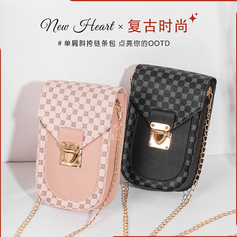 百搭复古风几何印花时尚手机包包女士单肩斜挎包个性链条潮流女包