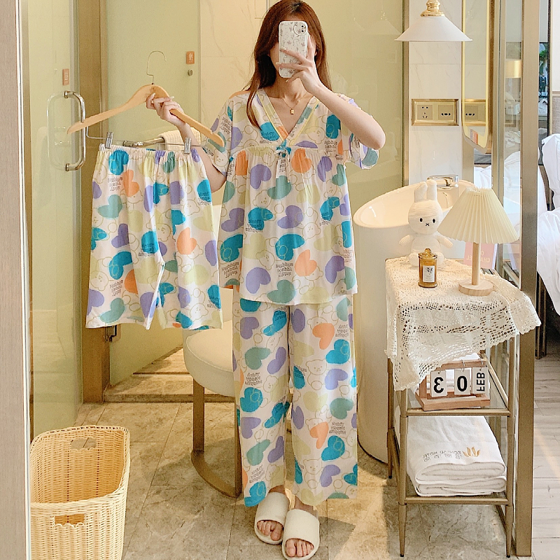 夏季新款甜美睡衣女生三件套装新款短袖绵绸薄款休闲空调服家居服