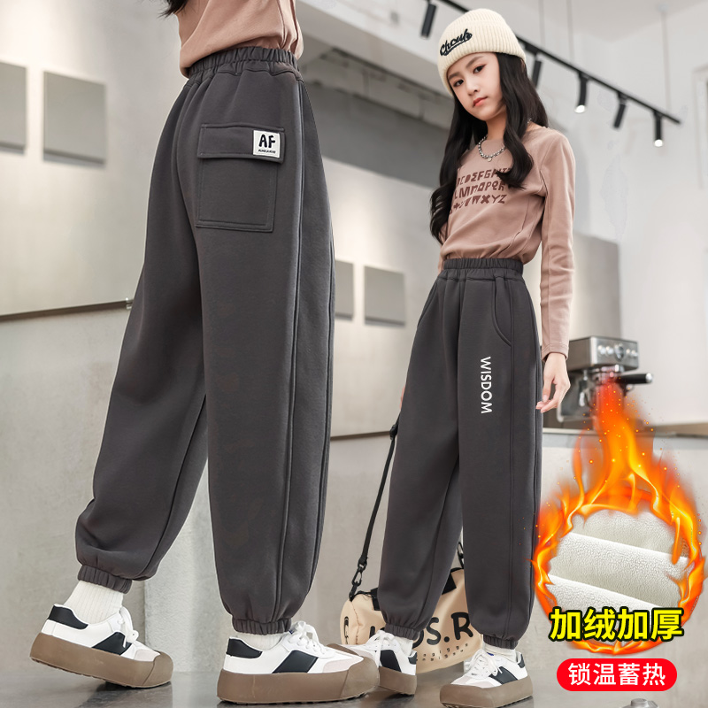 加绒裤子女童冬季一体绒运动裤儿童加厚灰色卫裤秋冬女孩冬装8-15