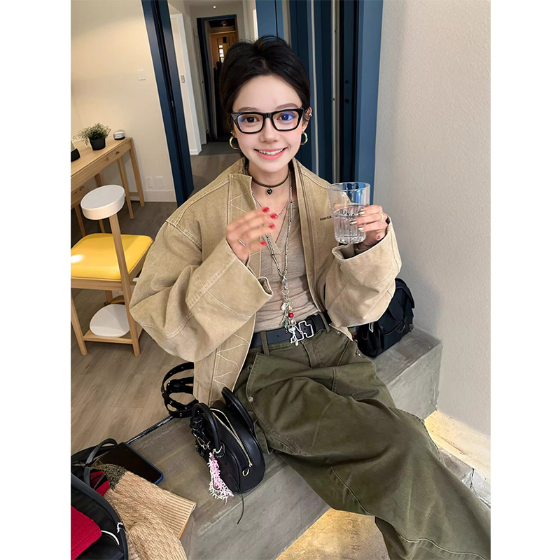 芙沿卡其色工装外套女2025春秋新款美式复古休闲情侣装飞行夹克