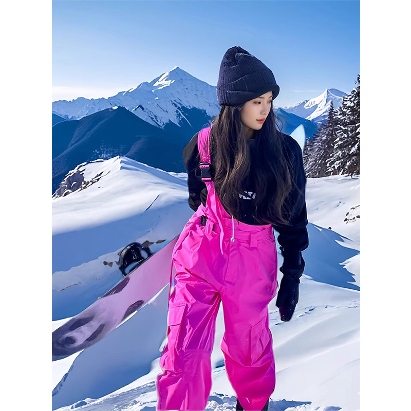 芙沿玫红色滑雪工装背带裤女2025春秋新款小众户外防水情侣阔腿裤