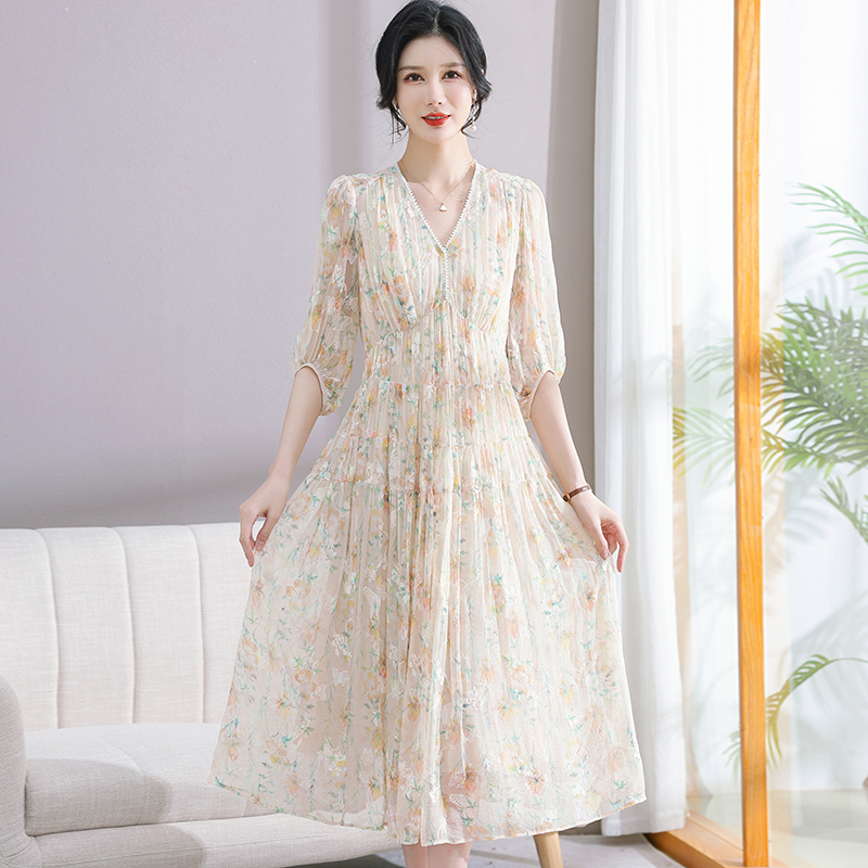 【玲家专属】现货【落花】新款100%桑蚕丝重工刺绣显瘦真丝连衣裙=