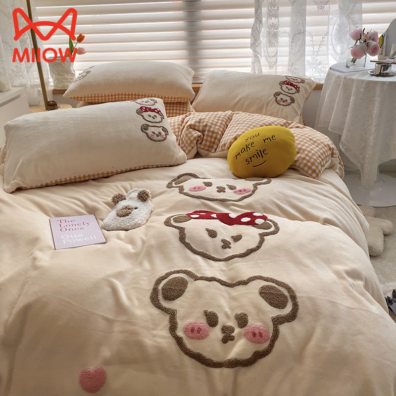 卡通牛奶绒四件套2023新款冬季加厚珊瑚绒法兰绒被套床单床上用品