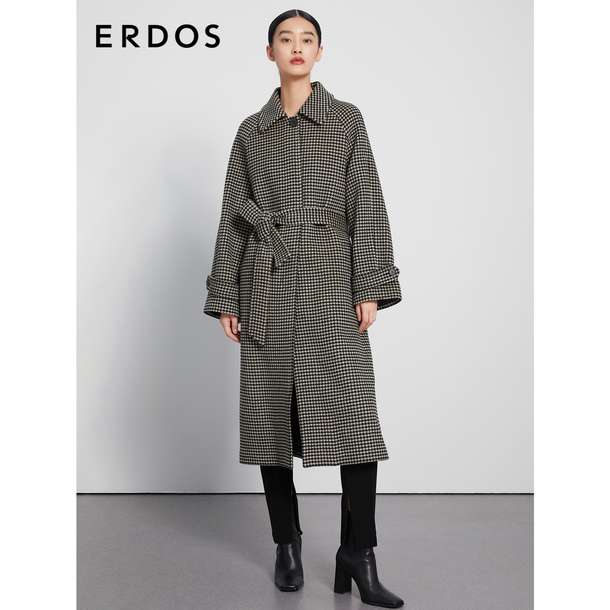 ERDOS 绵羊毛山羊绒混纺千鸟格长款女士大衣秋冬