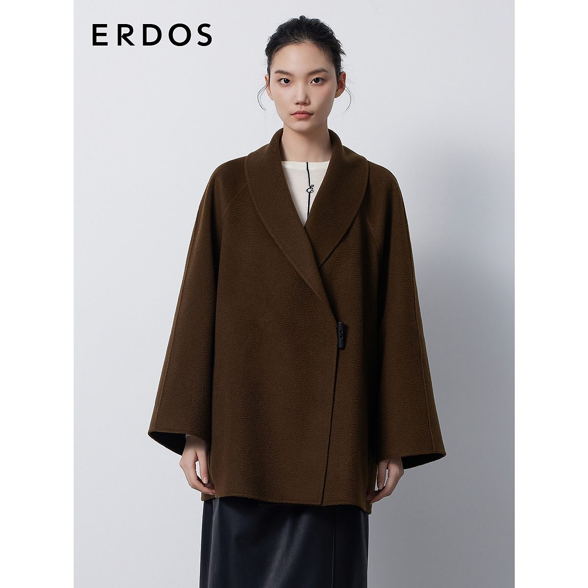 ERDOS 咖色羊绒双面毛呢大衣女青果领插肩袖中长款外套