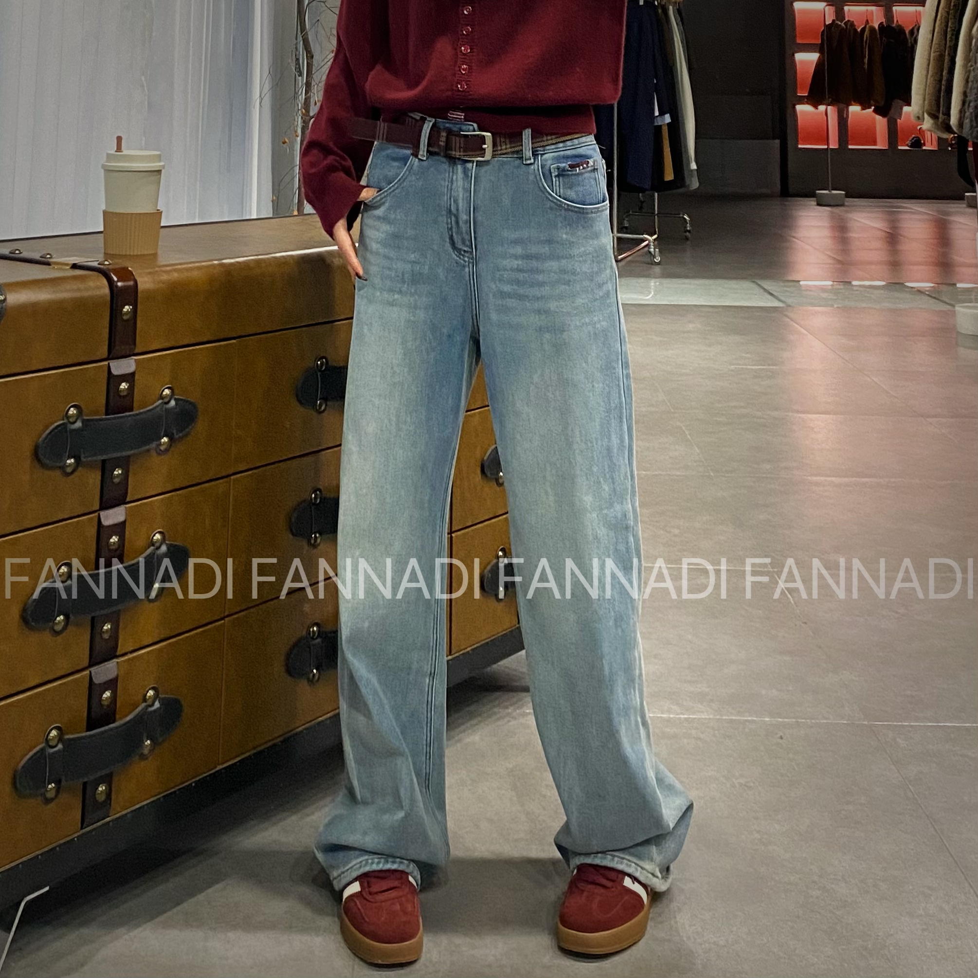 FANNADI【牛仔裤】蓝色加绒直筒裤复古水洗色时尚休闲百搭 GY 90306