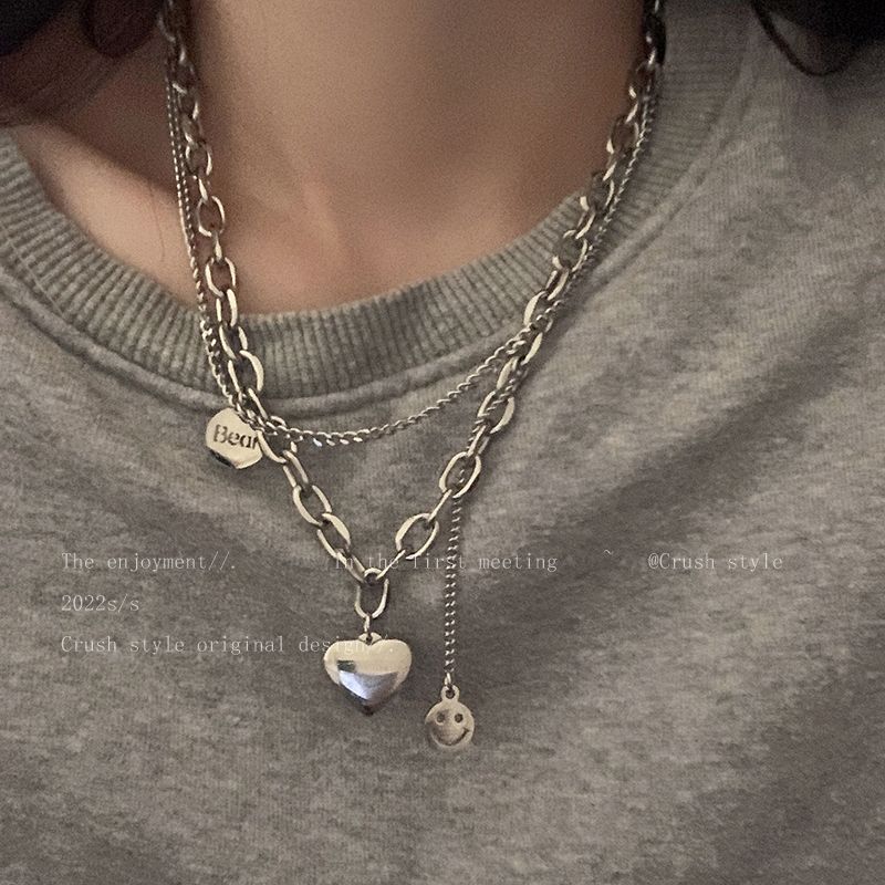 甜酷辣妹~钛钢不掉色笑脸爱心卫衣项链女秋配饰ins嘻哈百搭毛衣链