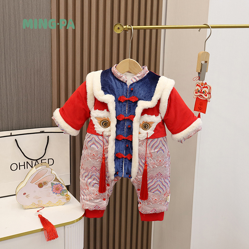鸣爬婴童冬装婴儿衣服冬季韩版女喜庆连体衣加绒加厚保暖儿童爬服