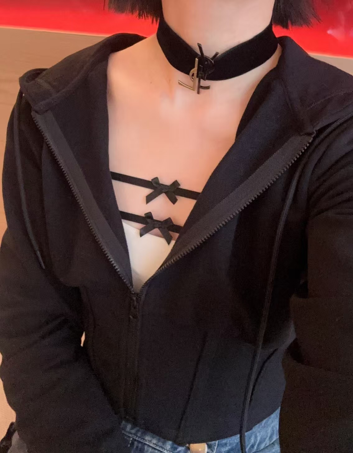 95新 YSL/圣罗兰 兜兜 黑色logo choker项链