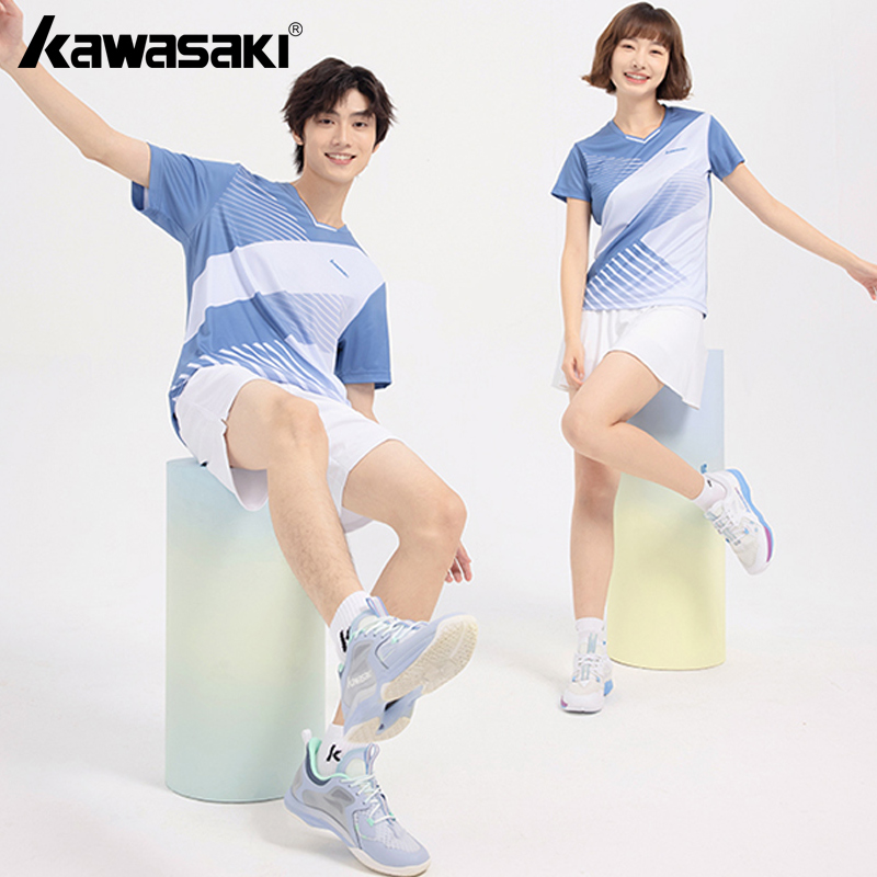 kawasaki川崎羽毛球服男女款V领吸汗速干T恤薄款透气情侣款短袖