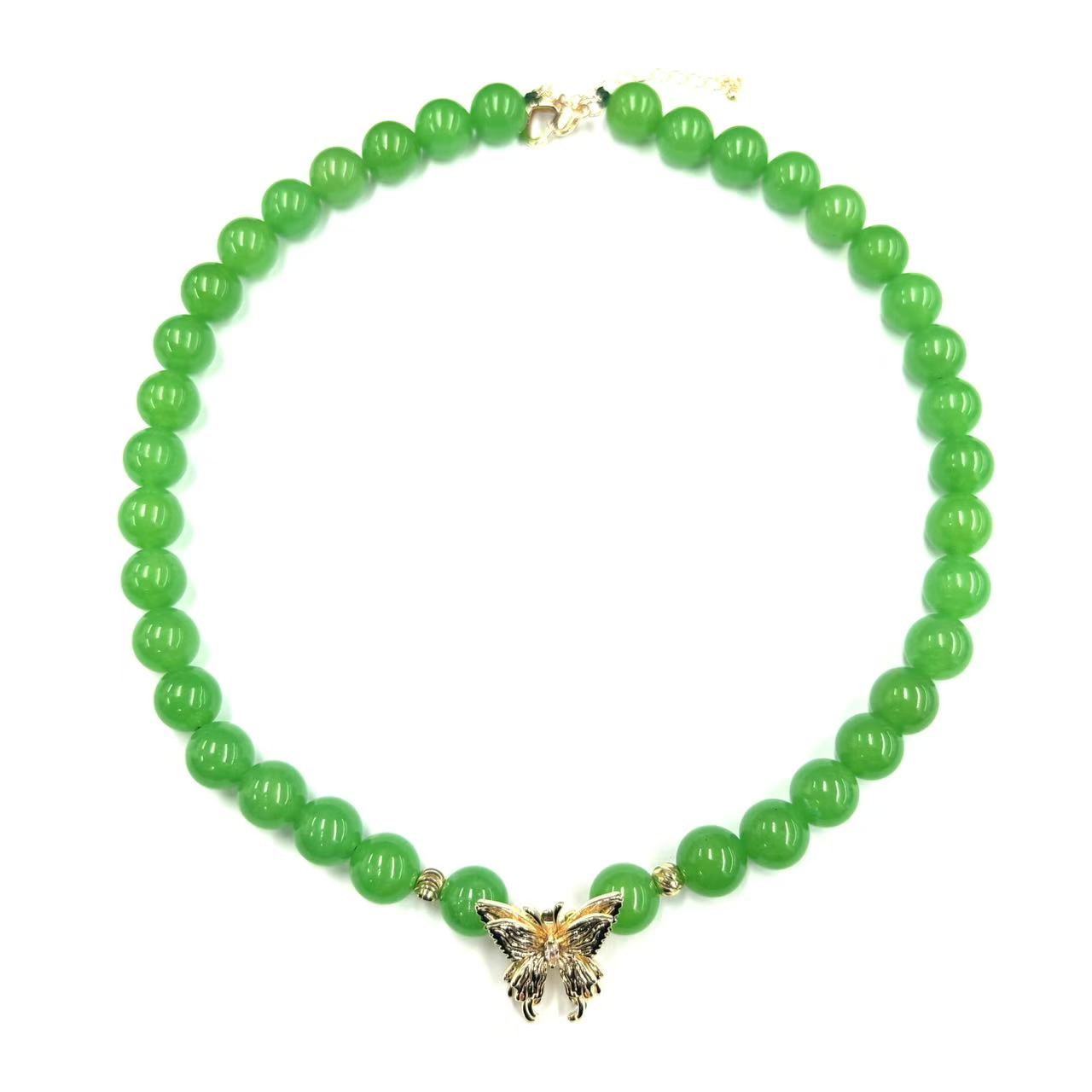 【符老板】x613-国风设计款金宝绿蝴蝶圆珠项链-东陵玉项链-赠礼盒