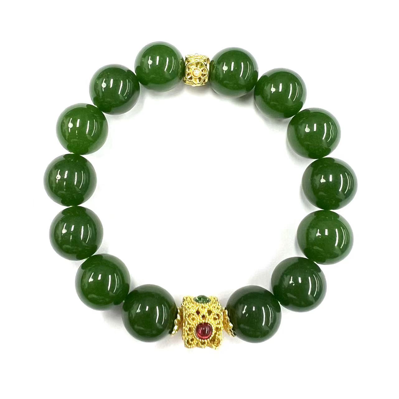 【符老板】s1155-国风设计款金宝绿东陵玉圆珠手串-赠礼盒