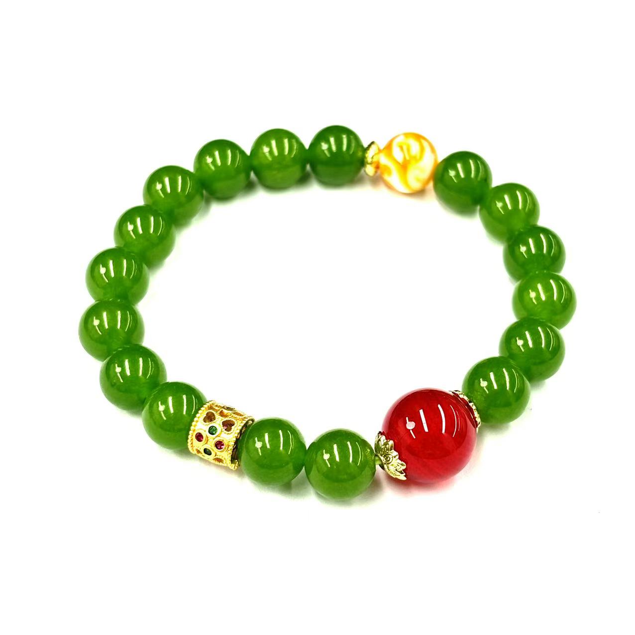 【符老板】s1207-国风气质金宝绿东陵玉圆珠DIY红景玛瑙手串-赠礼盒