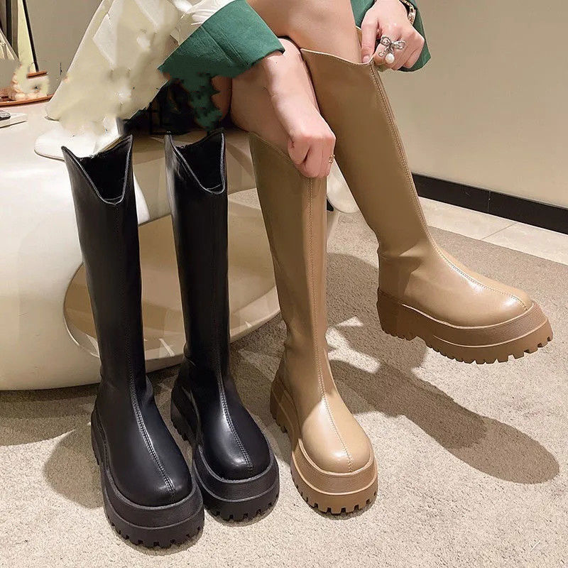 靴子女长靴不过膝2022年新款圆头厚底长筒靴增高粗跟骑士靴高筒靴
