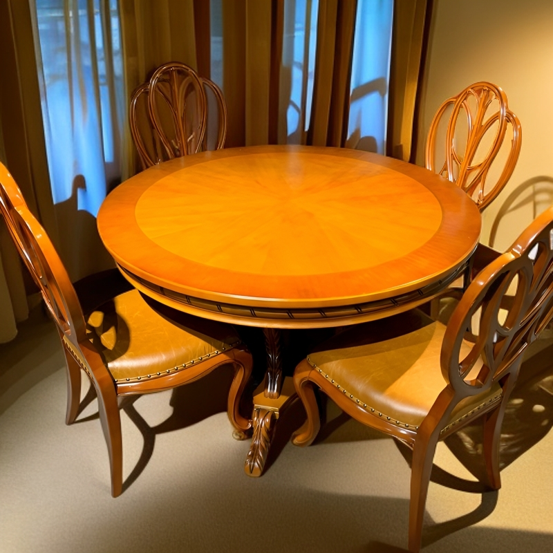 美式乡村全实木复古真皮圆形餐桌1.3米东莞林聚家具尾品汇古典