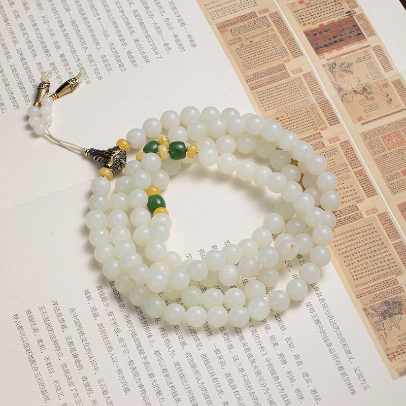 新疆和田玉卡10圆珠108手持项链颈链多圈手串