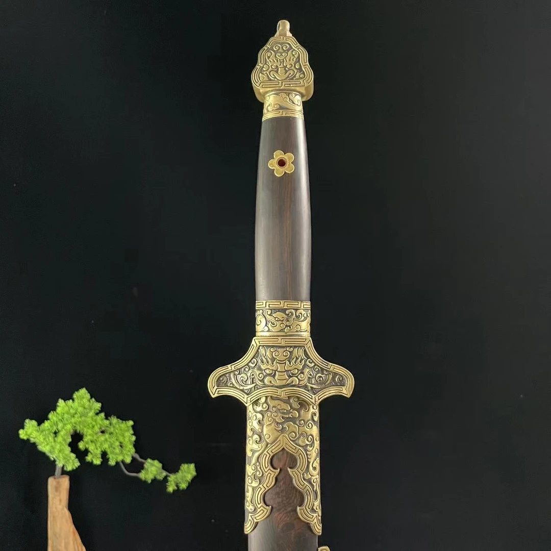 【登龙剑】黄铜装手工做旧黑檀木鞘手工锻打花纹钢宝剑清剑 未开刃