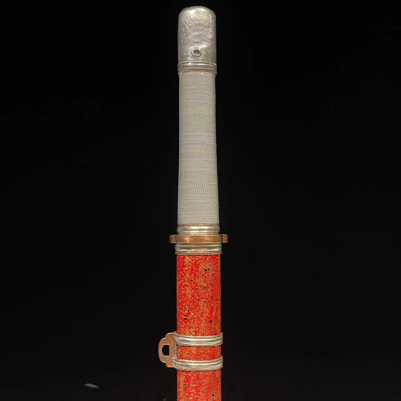 【天策刀】紫铜装镀银犀皮漆鞘绕银丝手柄自炼钢夹钢唐横刀 未开刃