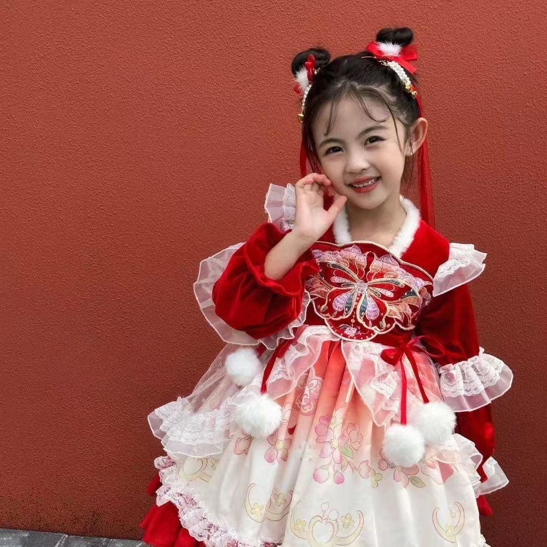 儿童汉服拜年服加绒女2024新款冬季中国风刺绣连衣裙儒裙洛丽塔