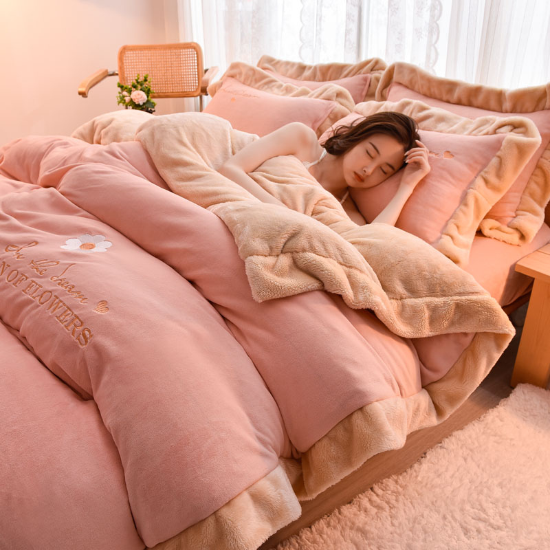 齐飞冬季加厚保暖牛奶绒四件套双面绒毛绒床单被套床上用品套件