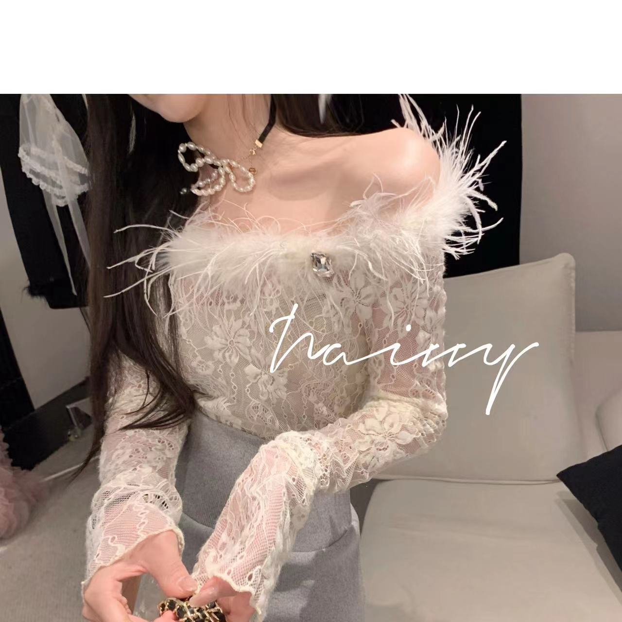 小树专属【芝士奶糖】小众设计气质长袖蕾丝性感打底长袖小上衣