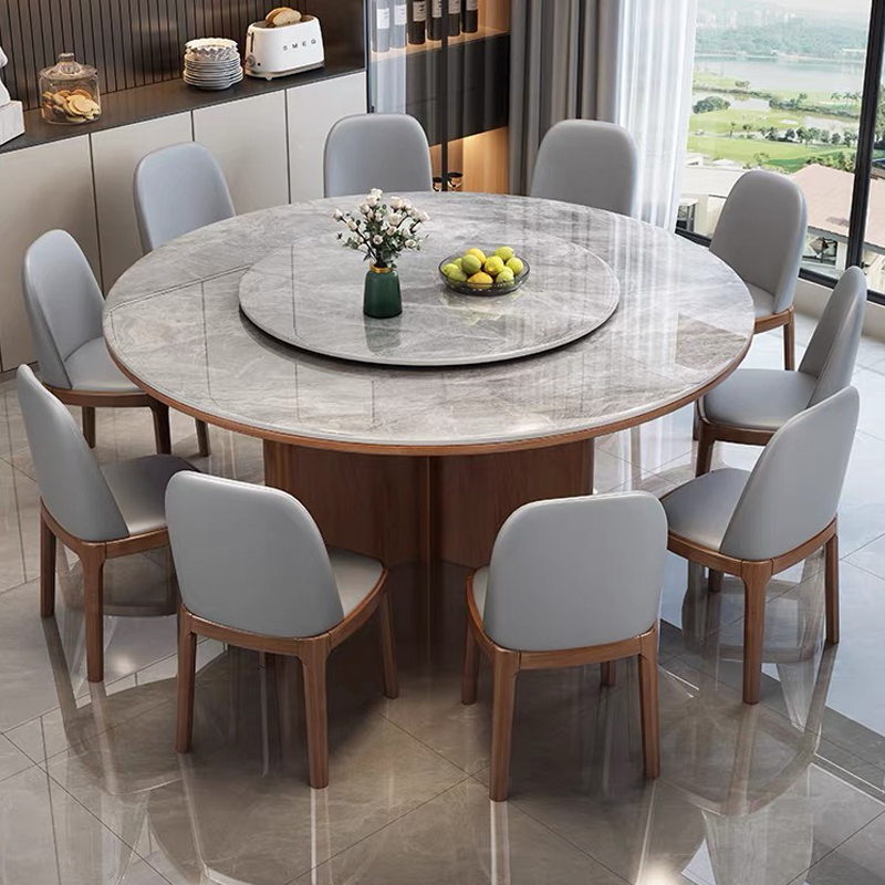高端轻奢岩板餐桌椅组合现代简约家用小户型圆形实木大圆桌带转盘