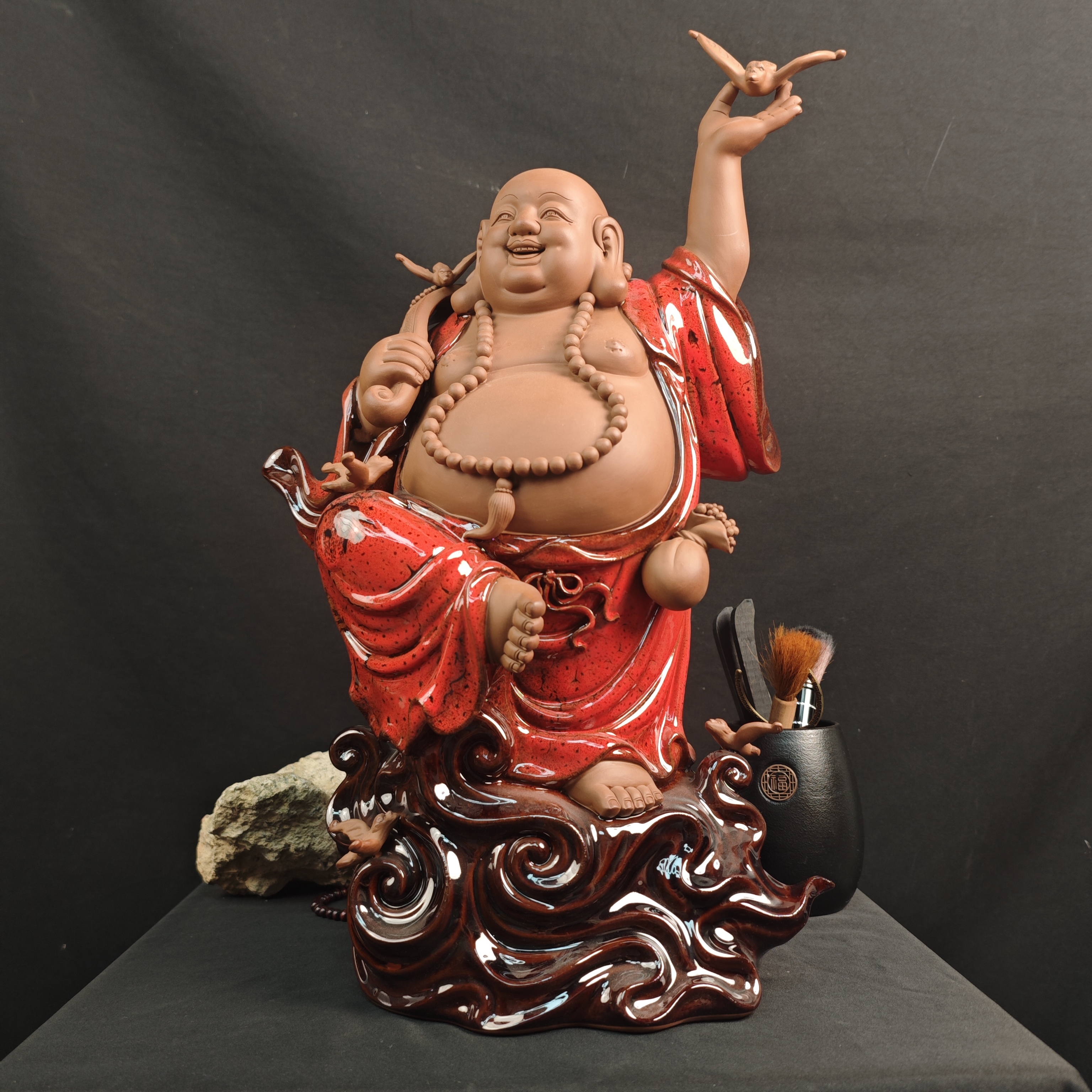 紫砂五福临门弥勒佛茶座茶盘柜子桌面摆件