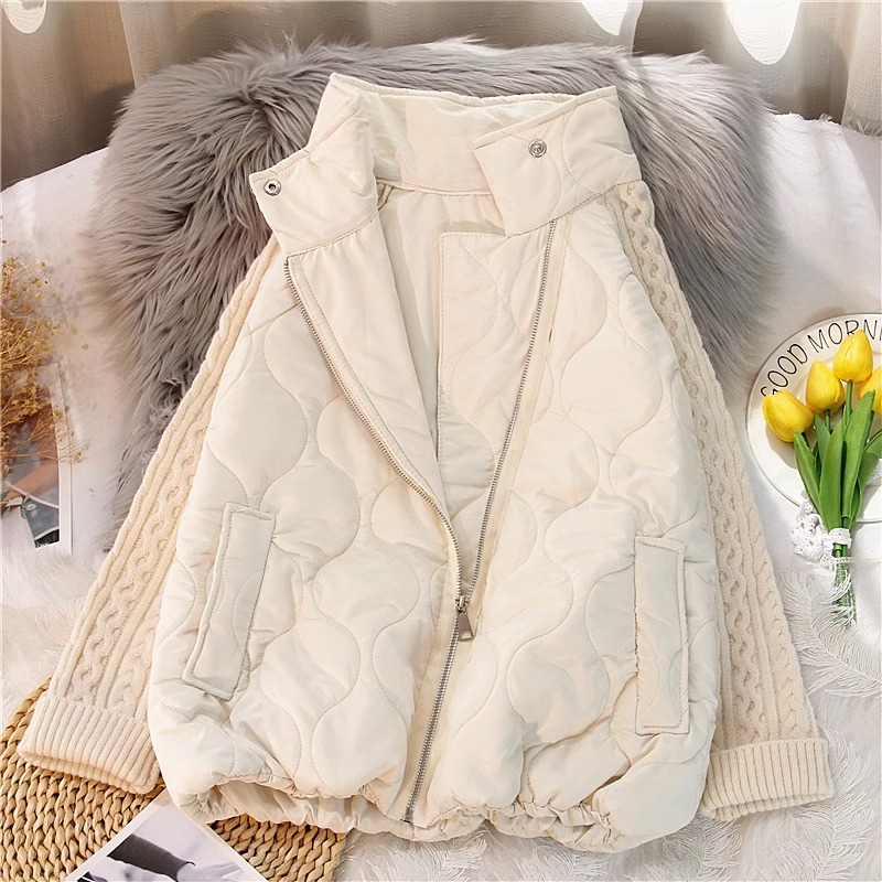 ucuc半高领立领拼接棉服女开衫秋冬新款斜拉链麻花面包服毛衣开