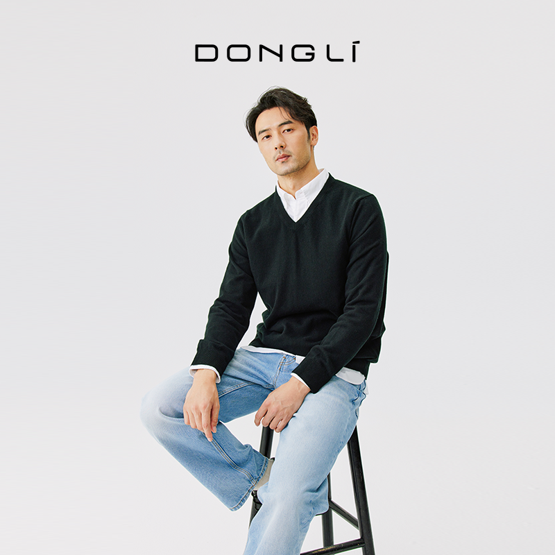 东黎 山羊绒 男士针织V领羊绒衫休闲基础款打底秋冬保暖MSR-1732