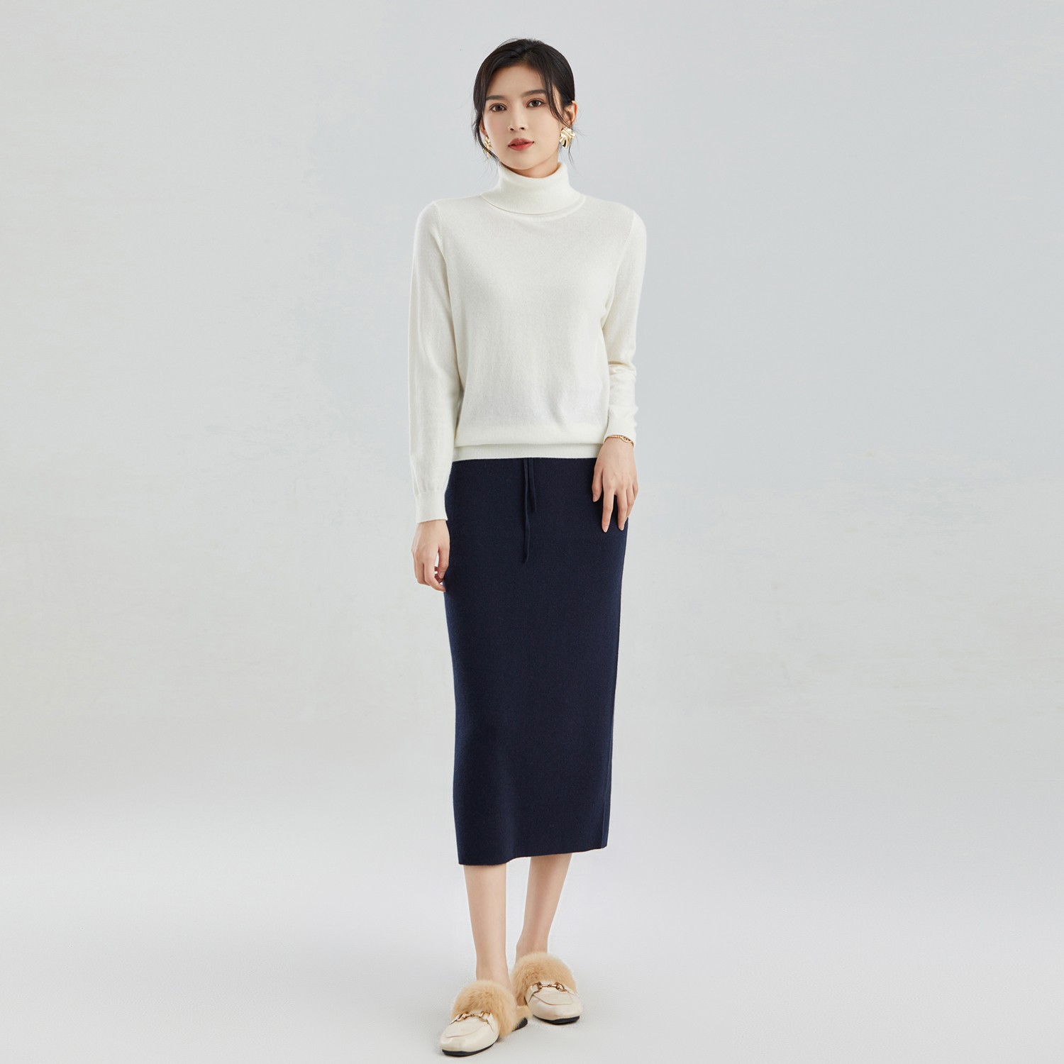 【达人】东黎 小山羊绒 流光风女秋季中长羊绒裙气质一步裙  21F15