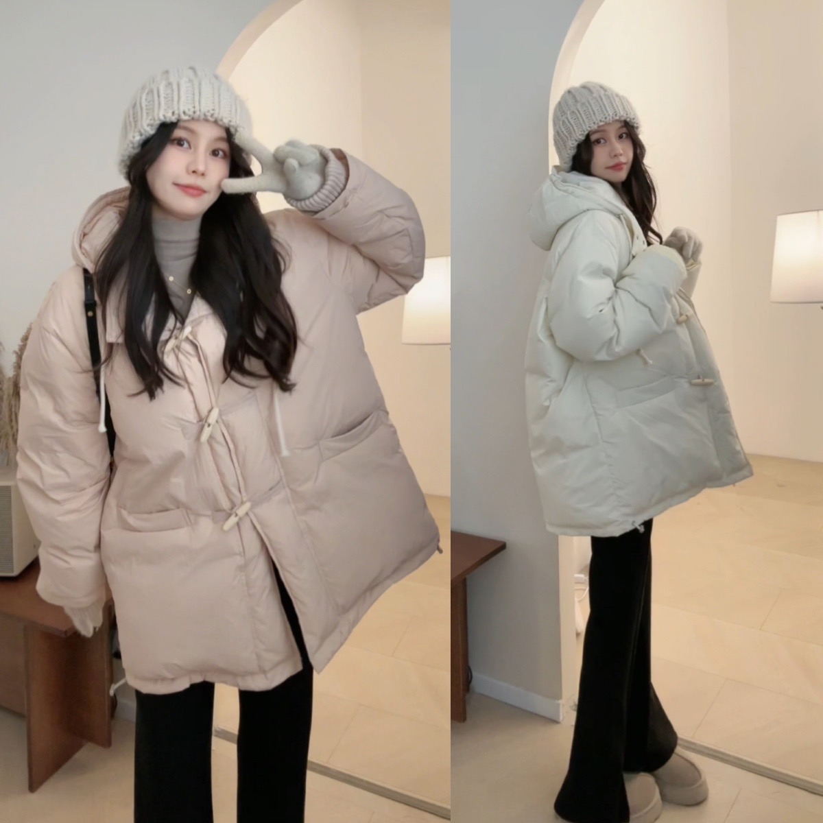 奶油色系宽松连帽牛角扣羽绒服显瘦百搭中长款 HR02