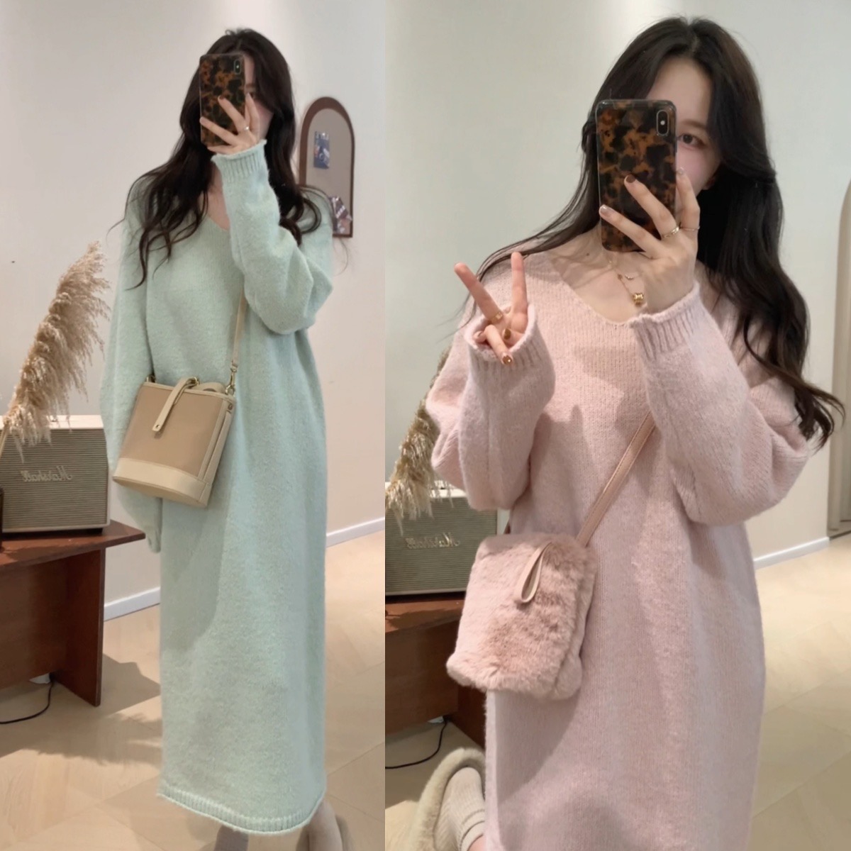 HP01韩系秋冬简约V领长袖显瘦毛衣裙宽松打底针织毛衣裙