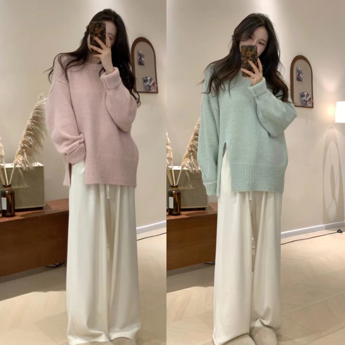 HM17 复古设计感开叉圆领厚实宽松大毛衣百搭韩版