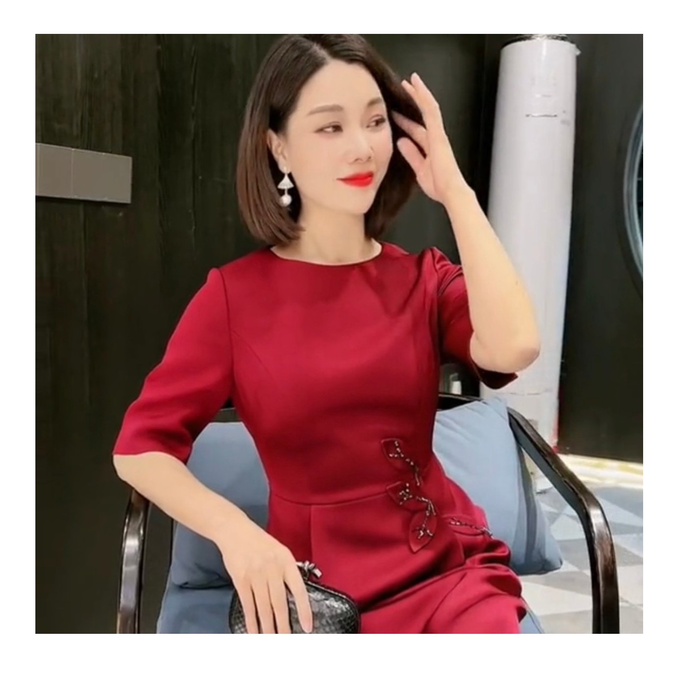 9991-11酒红色显瘦精致连衣裙喜妈妈礼服中裙洋气中袖婚礼礼服裙