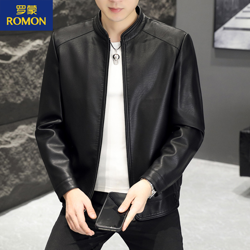 Romon/罗蒙男士皮衣立领中青年休闲时尚秋冬加绒加厚皮夹克