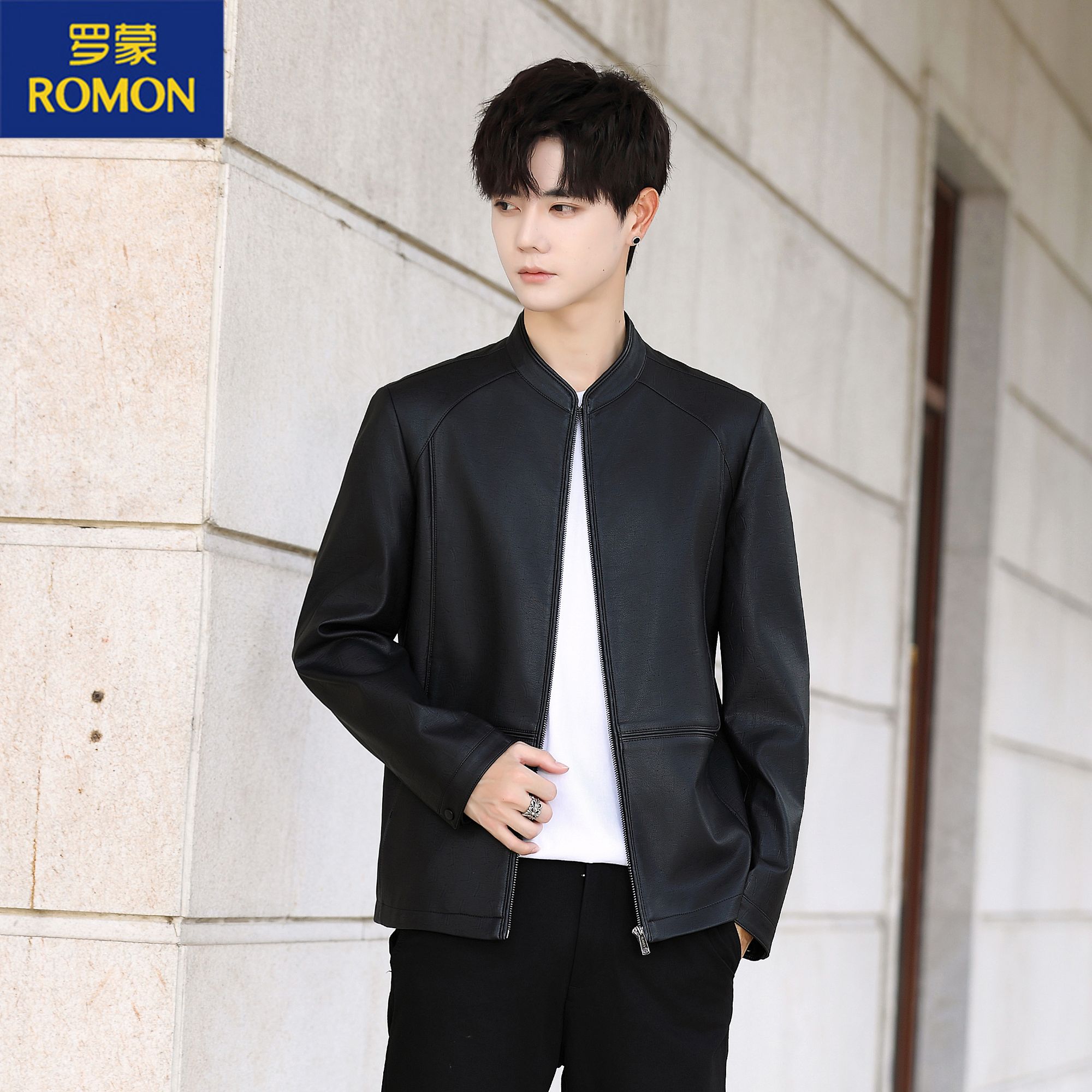 Romon/罗蒙潮男士立领中青年立领休闲花纹韩版秋冬加绒皮夹克8999