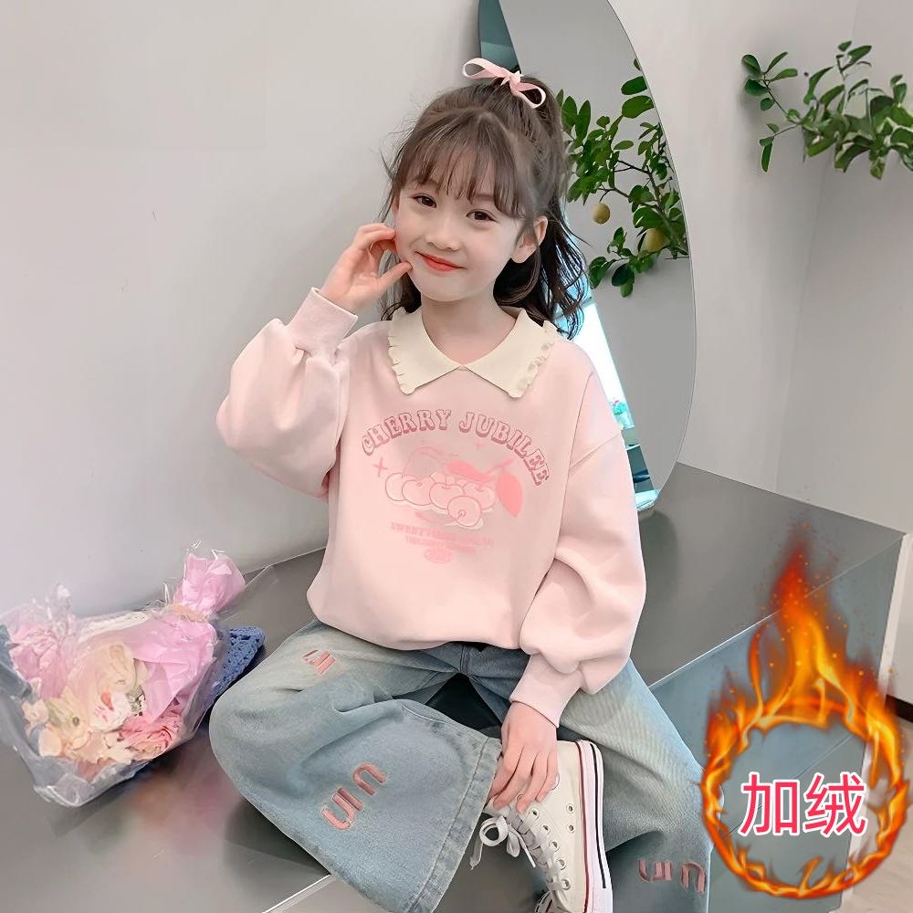 【现货】加绒卡通樱桃卫衣*女童秋冬长袖中大童加厚奥利绒上衣