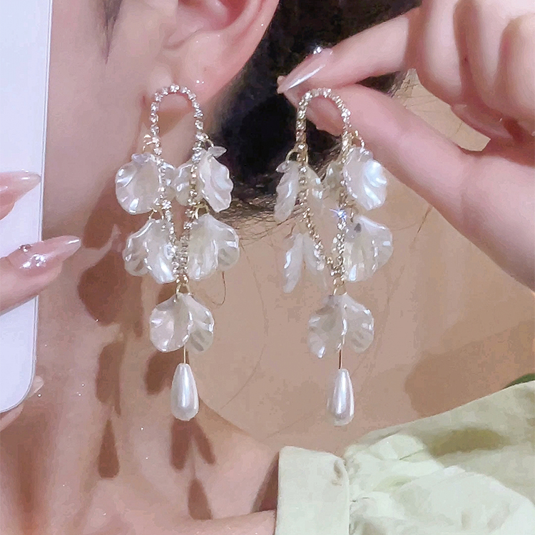 合金耳饰 超仙镶钻花瓣流苏耳环女小众时尚耳坠个性气质仙气耳饰